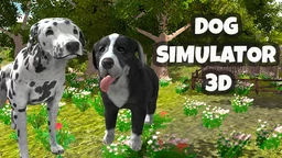 Dog Simulator 3D - A dog exploring a vibrant world, navigating through meadows and forests in a 3D environment.
