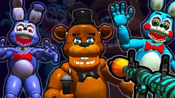 FNaF Shooter - a tense scene with animatronics lurking in a dark, abandoned supermarket aisle.