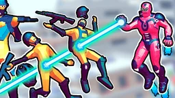 Hero 3: Flying Robot - A superhero robot with energy beams and missiles defending the city skyline.