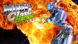 Moon Clash Heroes - A robotic soldier on a lunar base with lightning gun ready to engage in a dark, neon-lit showdown.