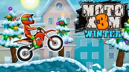 Moto X3M 4 Winter - A biker tackles icy stunt tracks, performing flips and dodging traps in a snowy landscape.