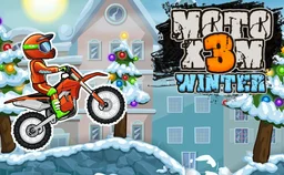Moto X3M 4 Winter - A biker tackles icy stunt tracks, performing flips and dodging traps in a snowy landscape.