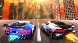Night City Racing - a supercar speeds through neon-lit streets, performing wild stunts in a glowing urban landscape.