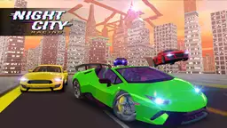 Nächtliches Stadtrennen - Supersportwagen rast durch leuchtende Stadt bei Nacht, bereit für waghalsige Stunts.
