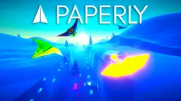 Paperly: Paper Plane Adventure  a paper plane soaring through a windy tunnel, dodging obstacles for a perfect flight path.
