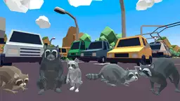 Raccoon Adventure: City Simulator 3D - A raccoon navigates a vibrant city, dodging traffic and scavenging for food to survive.