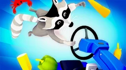 Waschbär Supermarkt - Ein Waschbär mit Staubsauger reinigt chaotische Supermarktgänge