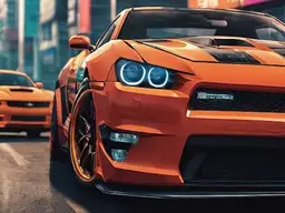 Real City Driver - dynamic cityscape with sleek sports car navigating neon-lit streets and high-rise ramps.