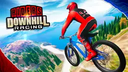 Riders Downhill-Rennen - Ein Fahrer meistert ein steiles, kurvenreiches Schotterstück im dichten Wald.