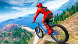 Riders Downhill Racing - a biker navigates a rugged trail through pine forests and sunburnt canyons.
