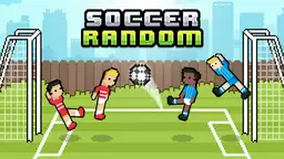 Véletlen foci - Pixeles futballpálya, ahol játékosok szórakoztató mozdulatokkal küzdenek a győzelemért.
