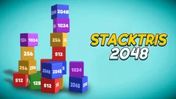 ستاكترس 2048 - مشهد من اللعبة حيث تُنزل المكعبات في شبكة ثلاثية الأبعاد لتشكيل برج من الأرقام المتطابقة لتحقيق النقاط.