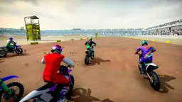 Super MX - The Champion - a dirt bike racer leaping over a hill in a thrilling motocross scene.