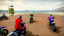 Super MX - The Champion - a dirt bike racer leaping over a hill in a thrilling motocross scene.