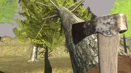 Survive In The Forest - a lone figure chops wood in the dense forest, building shelter to survive the elements.
