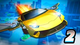 Ultimate Flying Car 2 - A flying car soars above a futuristic cityscape filled with ramps and portals.