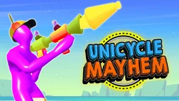 Unicycle Mayhem - a ragdoll character balances on a unicycle in a destructible arena.