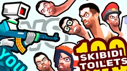You vs 100 Skibidi Toilets - The Cameraman defends against a horde of animated toilets in a 3D shooter arena.